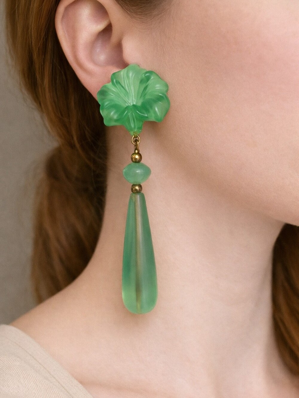 Vintage Lucite Flower Earrings Green Carved Dangle 1960s 1970s Boho Jewelry